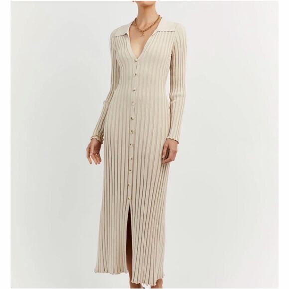 Dissh Sylvia Stone Ribbed Knit Midi Dress Cream Beige Long Sleeve Button Down XL - Picture 1 of 16